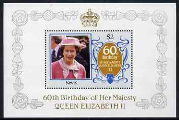 Nevis 1986 60th Birthday $2 in UNISSUED m/sheet format unmounted mint (see note after SG 388), stamps on , stamps on  stamps on royalty