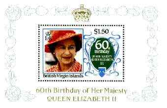 British Virgin Islands 1986 Queens 60th Birthday $1.50 in unissued deluxe m/sheet format (see note after SG 604) unmounted mint, stamps on royalty, stamps on 60th birthday