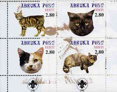 Estonia (Abruka) 2000 Domestic Cats #2 perf sheetlet of 4 with Scouts Logo in bottom margin unmounted mint, stamps on cats, stamps on scouts