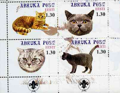 Estonia (Abruka) 2000 Domestic Cats #3 perf sheetlet of 4 with Scouts Logo in bottom margin unmounted mint, stamps on , stamps on  stamps on cats, stamps on scouts