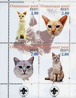 Estonia (Osmussaar) 2000 Domestic Cats #2 perf sheetlet of 4 with Scouts Logo in bottom margin unmounted mint, stamps on cats, stamps on scouts