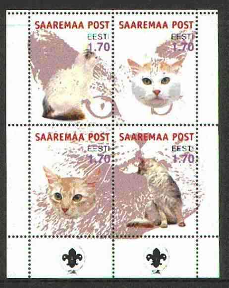 Estonia (Saaremaa) 2000 Domestic Cats #3 perf sheetlet of 4 with Scouts Logo in bottom margin, stamps on , stamps on  stamps on cats, stamps on scouts