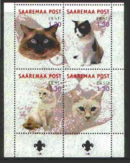 Estonia (Saaremaa) 2000 Domestic Cats #4 perf sheetlet of 4 with Scouts Logo in bottom margin, stamps on , stamps on  stamps on cats, stamps on scouts