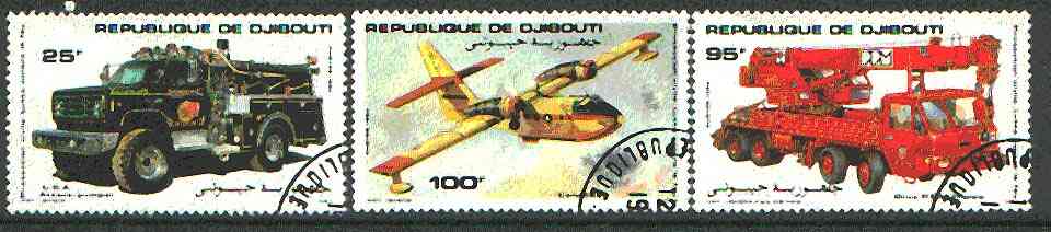 Djibouti 1984 Fire Fighting set of 3 (Fire engine, crane & Aircraft) cto used SG 929-31*, stamps on fire, stamps on transport, stamps on rescue, stamps on aviation