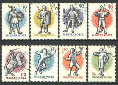 Hungary 1959 Fencing set of 8 cto used, SG 1582-89*, stamps on sport, stamps on fencing, stamps on militaria