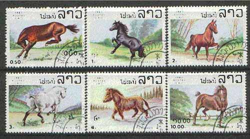 Laos 1983 Horses set of 6 fine cto used, SG 623-28*, stamps on horses