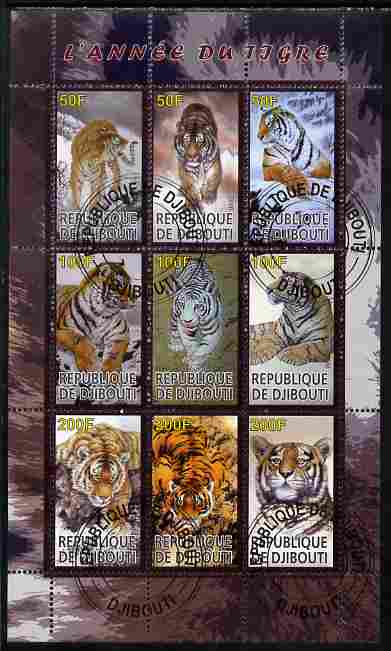 Djibouti 2010 Chinese New Year - Year of the Tiger perf sheetlet containing 9 values fine cto used, stamps on cats, stamps on lions, stamps on tigers, stamps on lunar, stamps on lunar new year