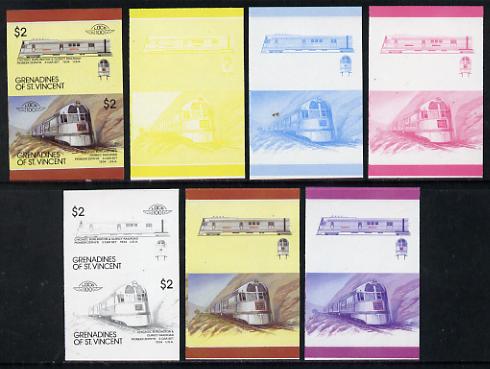 St Vincent - Grenadines 1987 Locomotives #8 (Leaders of the World) $2 (Pioneer Zephyr 3-car set) set of 7 imperf se-tenant progressive proof pairs comprising the 4 basic ..., stamps on railways