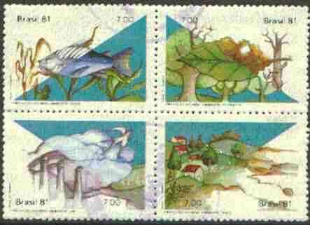 Brazil 1981 Environmental Protection (Birds, fish, Flowers) se-tenant set of 4 commercially used SG 1901-04, stamps on birds, stamps on environment, stamps on fish, stamps on flowers, stamps on marine life, stamps on wildlife