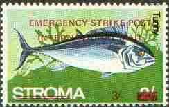 Stroma 1971 Fish 3s on 2s (Tunny) perf single overprinted Emergency Strike Post for use on the British mainland unmounted mint*, stamps on fish, stamps on marine life, stamps on strike, stamps on gamefish