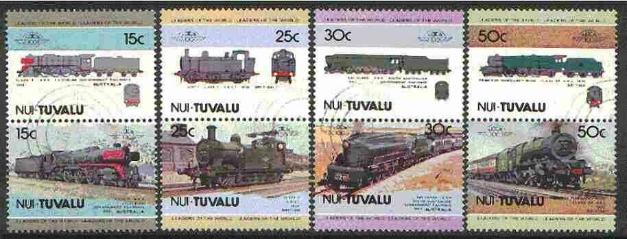 Tuvalu - Nui 1984 Locomotives #1 (Leaders of the World) set of 8 fine cds used, stamps on , stamps on  stamps on railways
