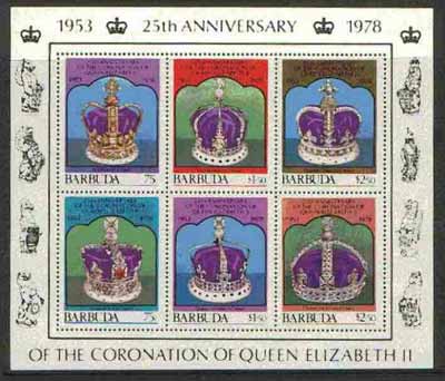 Barbuda 1978 Coronation 25th Anniversary 1st issue (Crowns) m/sheet unmounted mint, SG MS 414, stamps on royalty, stamps on coronation