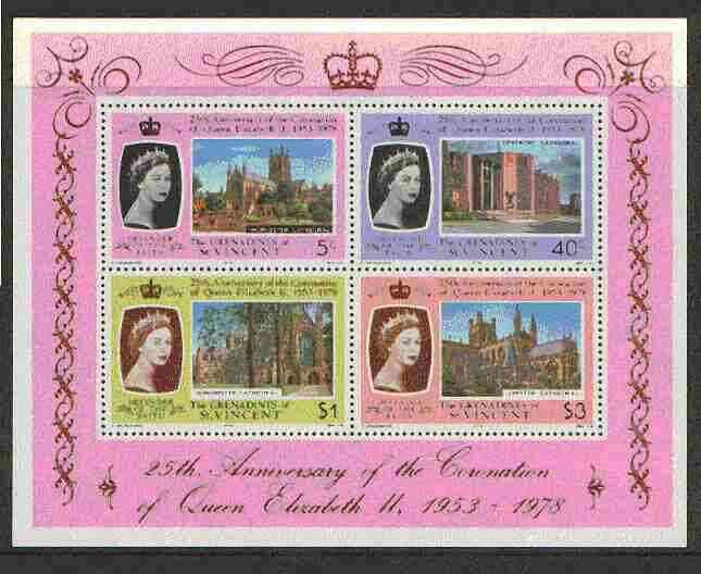 St Vincent - Grenadines 1978 Coronation 25th Anniversary m/sheet (Cathedrals)SG MS 134 unmounted mint, stamps on churches, stamps on royalty, stamps on coronation, stamps on cathedrals