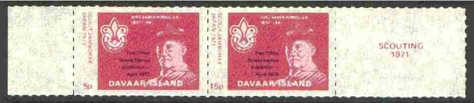 Davaar Island 1973 Scouts Stamp Exhibition opt on Japan Scout Jamboree perf set of 2 (5p & 15p claret) unmounted mint, stamps on scouts, stamps on stamp exhibitions