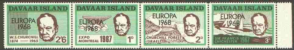 Davaar Island 1968 Europa opt on 1967 Churchill perf def strip of 4 (Chichester Boat, Forest etc) unmounted mint, stamps on churchill, stamps on personalities, stamps on yachts, stamps on trees, stamps on europa