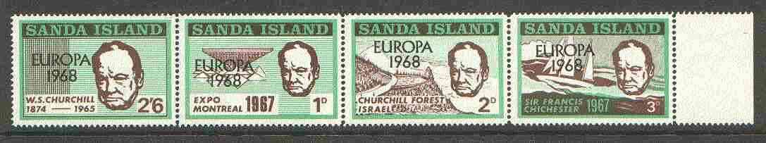 Sanda Island 1968 Europa opt on 1967 Churchill perf def strip of 4 (Chichester Boat, Forest etc) unmounted mint, stamps on churchill, stamps on personalities, stamps on yachts, stamps on trees, stamps on europa