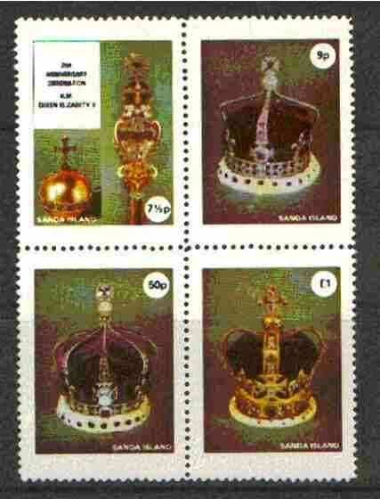 Sanda Island 1977 Coronation 25th Anniversary unmounted mint set of 4, 1st Issue (Crowns & Royal Regalia), stamps on royalty, stamps on coronation