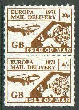 Isle of Man 1971 Europa Local rouletted set of 2 (20p & 4s) produced for use on the British mainland during the Postal strike unmounted mint, stamps on , stamps on  stamps on strike, stamps on aviation, stamps on europa