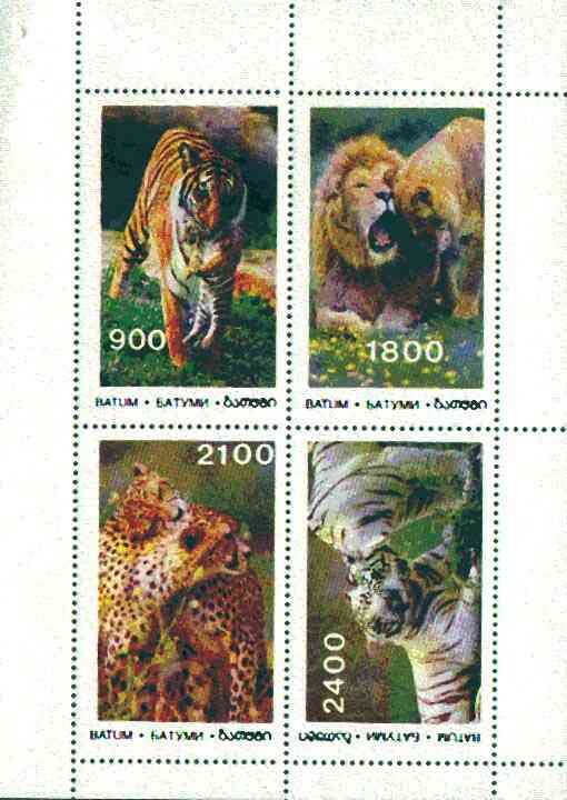Batum 1995 Big Cats perf sheet containing complete set of 4 values unmounted mint, stamps on animals, stamps on cats, stamps on tigers, stamps on lions, stamps on 