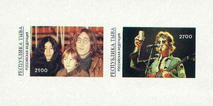 Touva 1998 John Lennon imperf sheetlet containing 2 values unmounted mint, stamps on entertainments, stamps on music, stamps on pops, stamps on personalities, stamps on guitar, stamps on beatles