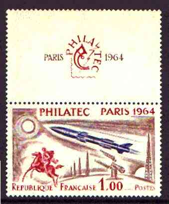 France 1964 'Philatec 1964' Stamp Exhibition (Rocket & Horseman) se-tenant with label unmounted mint SG 1651*, stamps on stamp exhibitions, stamps on rockets, stamps on horses, stamps on space