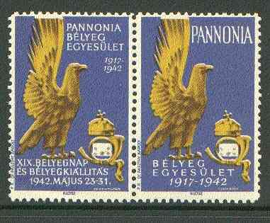 Cinderella - Pannonia 1942 Eagle & posthorn se-tenant pair with blue background unmounted mint, stamps on cinderellas, stamps on birds, stamps on birds of prey, stamps on eagles, stamps on posthorn, stamps on postal