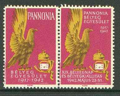 Cinderella - Pannonia 1942 Eagle & posthorn se-tenant pair with magenta background unmounted mint, stamps on cinderellas, stamps on birds, stamps on birds of prey, stamps on eagles, stamps on posthorn, stamps on postal