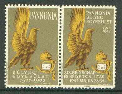 Cinderella - Pannonia 1942 Eagle & posthorn se-tenant pair with olive background unmounted mint, stamps on cinderellas, stamps on birds, stamps on birds of prey, stamps on eagles, stamps on posthorn, stamps on postal