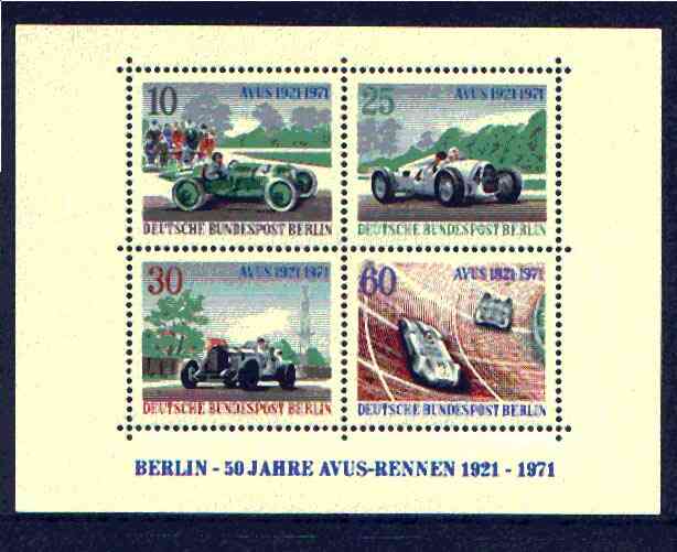 Germany - West Berlin 1971 Anvus Motor Racing Track m/sheet unmounted mint, SG MS B395, stamps on cars, stamps on racing, stamps on motor sport, stamps on mercedes