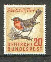 Germany - West 1957 European Robin 20pf unmounted mint SG 1194*, stamps on birds, stamps on robin