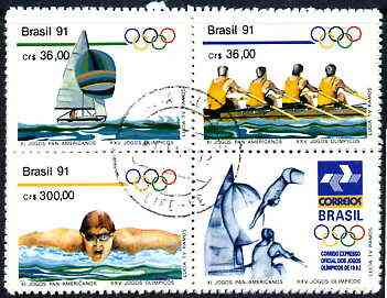 Brazil 1991 Pan-American Games & Olympics set of 3 in se-tenant block with label (yachting, Rowing, Swimming) very fine used SG 2471-73, stamps on sport, stamps on swimming, stamps on yachting, stamps on rowing, stamps on sailing, stamps on olympics
