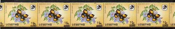 Lesotho 1986-88 Butterflies Yellow Pansy 15s on 5s unmounted mint strip of 7 with progressive shift of surch (bars top & bottom) SG 727, stamps on butterflies