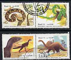 Brazil 1991 Butantan Institute & National Museum set of 4 (2 se-tenant pairs) very fine used SG 2481-84, stamps on animals, stamps on dinosaurs, stamps on museums