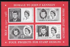 Exhibition souvenir sheet for 1963 Hilton Exhibition showing 4 essays for Great Britain Kennedy issue unmounted mint, stamps on cinderella, stamps on stamp exhibitions, stamps on kennedy