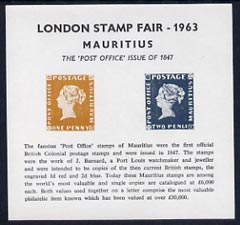 Exhibition souvenir sheet for 1963 London Stamp Fair showing Post Office Mauritius 1d & 2d stamps unmounted mint (7,000 issued), stamps on , stamps on  stamps on cinderella, stamps on  stamps on stamp exhibitions, stamps on  stamps on stamp on stamp, stamps on  stamps on stamponstamp