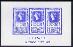 Exhibition souvenir sheet for 1968 Efimex Mexico Stamp Exhibition showing 3 Centenary stamps printed in blue unmounted mint, stamps on cinderella, stamps on stamp exhibitions, stamps on 