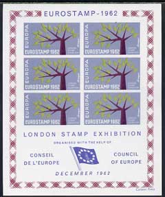 Exhibition souvenir sheet for 1962 London Stamp Exhibition showing Europa Tree stamps block of 6 (blue-grey background) unmounted mint, stamps on cinderella, stamps on stamp exhibitions, stamps on europa