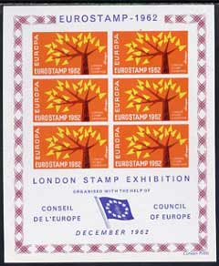 Exhibition souvenir sheet for 1962 London Stamp Exhibition showing Europa Tree stamps block of 6 (orange background) unmounted mint, stamps on cinderella, stamps on stamp exhibitions, stamps on europa