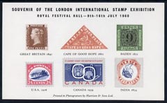 Exhibition souvenir sheet for 1960 London International Stamp Exhibition showing Classic errors (produced by Harrison & Sons) , stamps on cinderella, stamps on stamp exhibitions, stamps on triangulars