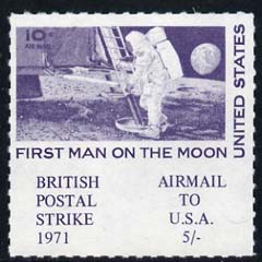 Cinderella - United States 1971 Rouletted 5s blue (1969 Man on Moon Stamp) produced for use during Great Britain Postal strike, unmounted mint, stamps on strike, stamps on space, stamps on apollo