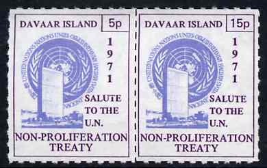 Davaar Island 1971 Rouletted 5p & 15p blue & purple se-tenant pair (Salute to the UN - Non-Proliferation Treaty) produced for use during Great Britain Postal strike unmou..., stamps on strike, stamps on united nations, stamps on environment
