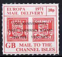Cinderella - Channel Islands 1971 Rouletted 20p red (1d & 2.5d Occupation issues) Postal strike label opt'd 30th Anniversary of First Guernsey Stamp unmounted mint, stamps on strike, stamps on  ww2 , stamps on 