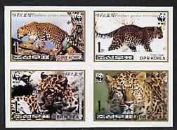 North Korea 1998 WWF Leopard imperf se-tenant proof block of 4 on ungummed glossy paper (sheetlet containing 16 stamps (4 blocks) price x 4), stamps on animals, stamps on wwf, stamps on cats, stamps on leopard, stamps on  wwf , stamps on 