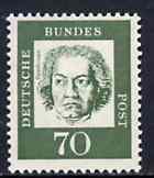 Germany - West 1961 Ludwig van Beethoven 70pf dark green (Composer) on fluorescent paper (from famous Germans def set) unmounted mint SG 1272B, stamps on , stamps on  stamps on personalities, stamps on music, stamps on composer, stamps on  stamps on opera, stamps on  stamps on personalities, stamps on  stamps on beethoven, stamps on  stamps on opera, stamps on  stamps on music, stamps on  stamps on composers, stamps on  stamps on deaf, stamps on  stamps on disabled, stamps on  stamps on masonry, stamps on  stamps on masonics
