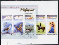 North Korea 1999 Charles Darwin imperf proof of m/sheet on ungummed glossy paper, with frame inverted and misplaced 62 mm to left, an exceptional exhibition item, stamps on , stamps on  stamps on animals, stamps on birds, stamps on fish, stamps on dolphins, stamps on horses, stamps on bats, stamps on  stamps on darwin