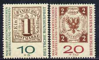 Germany - West 1959 Stamp Exhibition & Stamp Centenary set of 2 unmounted mint SG 1227 & 1229, stamps on stamp centenary, stamps on stamp on stamp, stamps on stamp exhibitions, stamps on stamponstamp