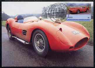 Nevis 1985 Ferrari Testa Rossa 5c (Leaders of the World) on appropriate illustrated postcard with first day cancel, stamps on cars, stamps on ferrari