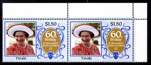 Tuvalu 1986 Queen's 60th Birthday $1.50 unmounted  mint corner pair, one stamp with large background flaw (R1/5), stamps on royalty, stamps on 60th birthday