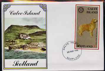 Calve Island 1984 Rotary - Dogs (Golden Retriever) imperf souvenir sheet (\A31 value) on cover with first day cancel, stamps on animals, stamps on dogs, stamps on rotary, stamps on retriever
