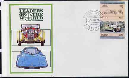 St Lucia 1984 Cars #1 (Leaders of the World) $2.50 Duesenberg 1932 SJ Roadster se-tenant pair on illustrated cover with first day cancel, stamps on cars, stamps on duesenberg